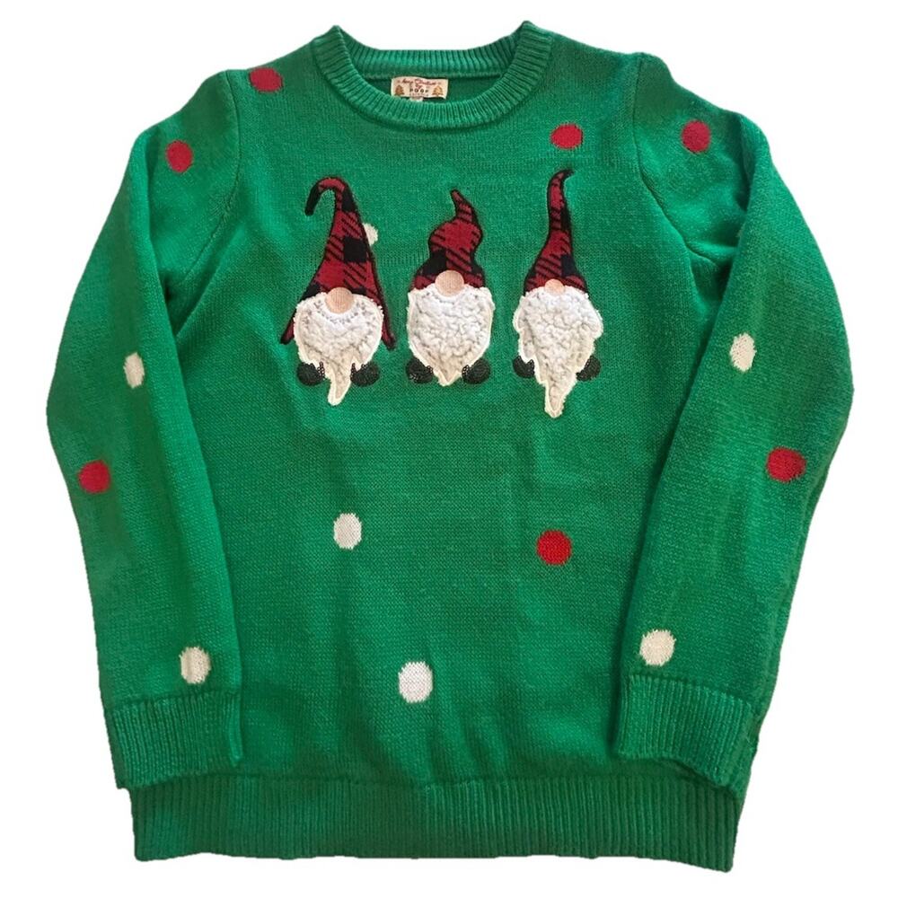 Gnomes Green Polka Dot Size Small Christmas‎ Sweater Poof New York Sequin Accent